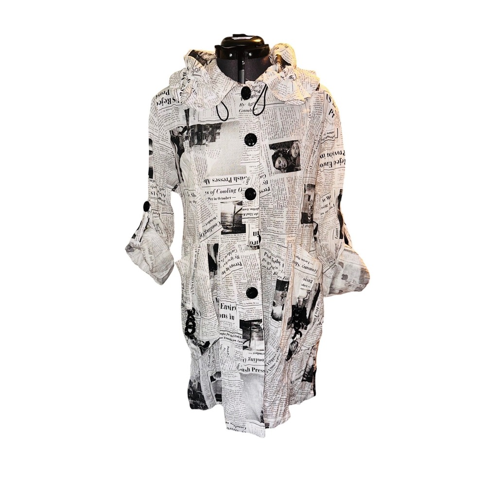 Unique Newspaper Print Hooded Trench‎ Coat Women's Fashion Novelty Outerwear s L